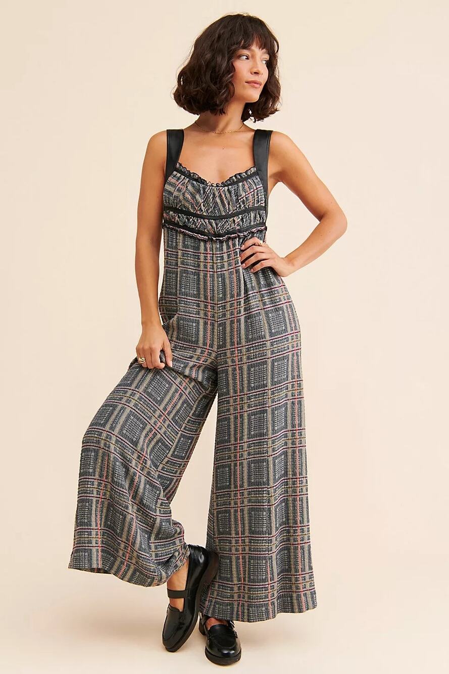 New Free People Marley Plaid One-Piece Wide-Leg Jumpsuit $188 SMALL